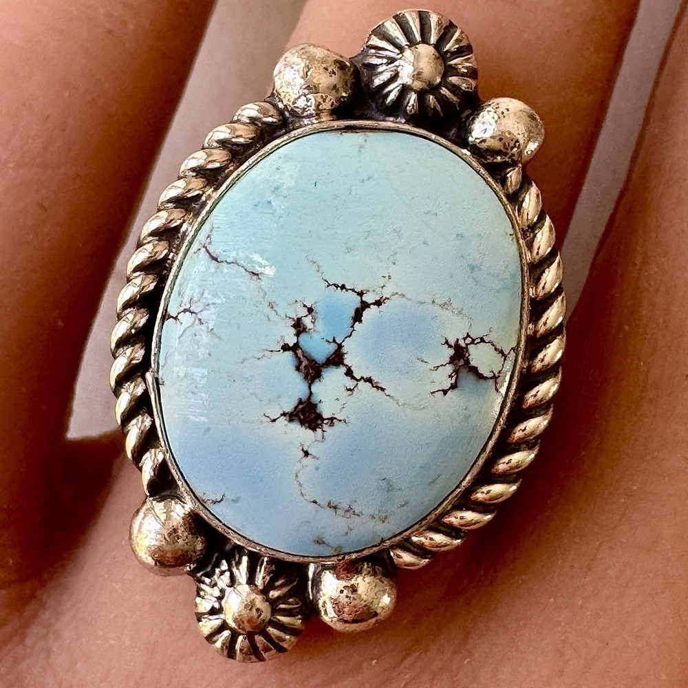 Navajo Blue Golden Hils Turquoise Ring Size 9 Signed Shakey Sterling Native Amer